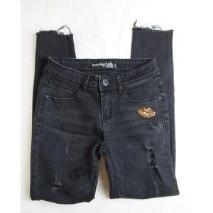 Monkey Ride Jeans Black Skinny Distressed Lip Appliques Juniors Size 3